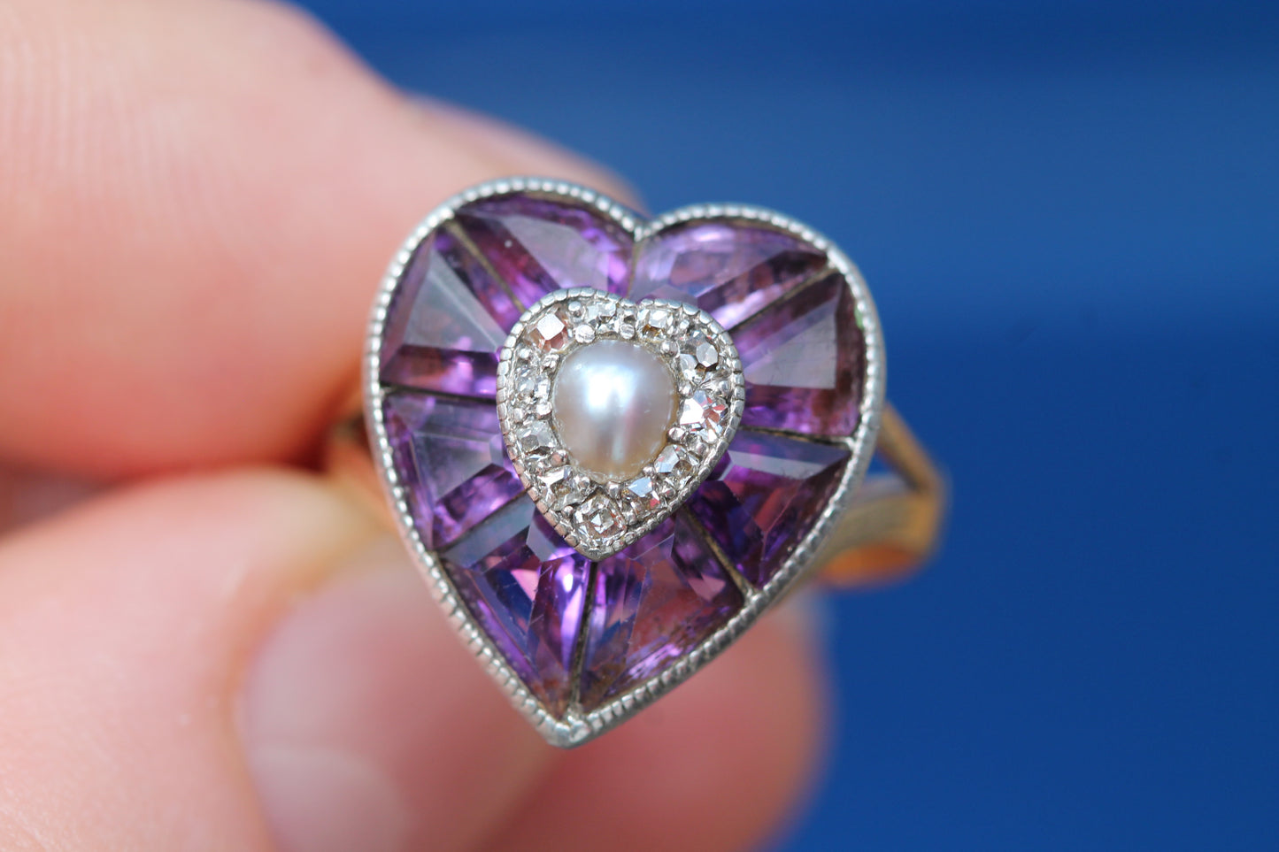 Antique 22ct Gold & Silver Amethyst Pearl Old Cut Diamond Heart Ring c.1900 — view 13
