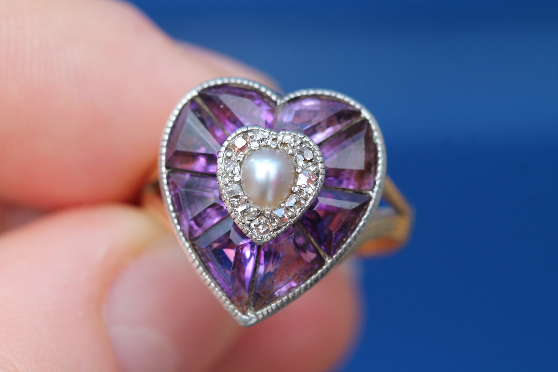Antique 22ct Gold & Silver Amethyst Pearl Old Cut Diamond Heart Ring c.1900 — view 13