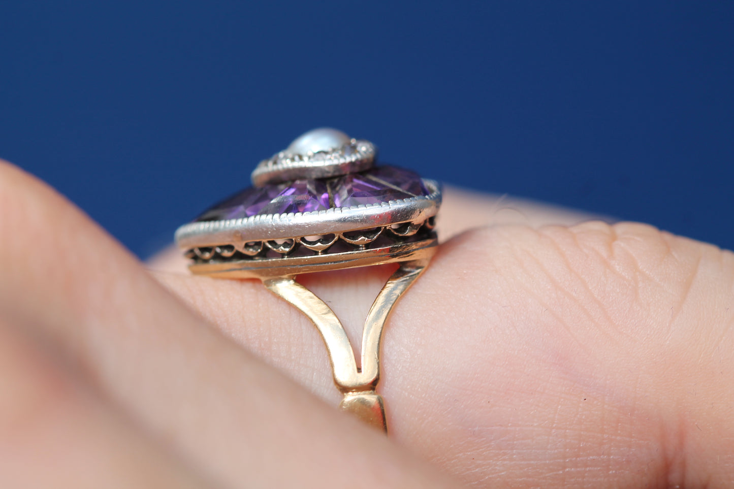 Antique 22ct Gold & Silver Amethyst Pearl Old Cut Diamond Heart Ring c.1900 — view 5