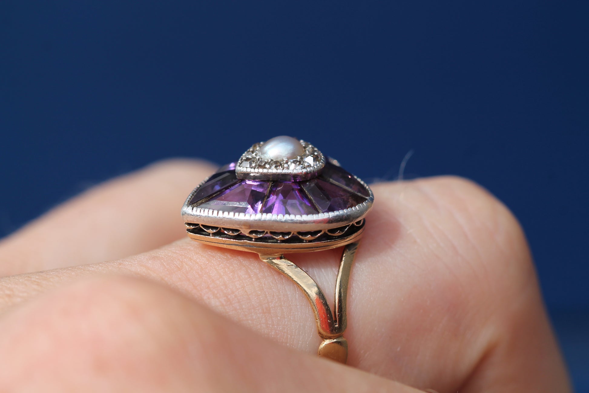 Antique 22ct Gold & Silver Amethyst Pearl Old Cut Diamond Heart Ring c.1900 — view 14