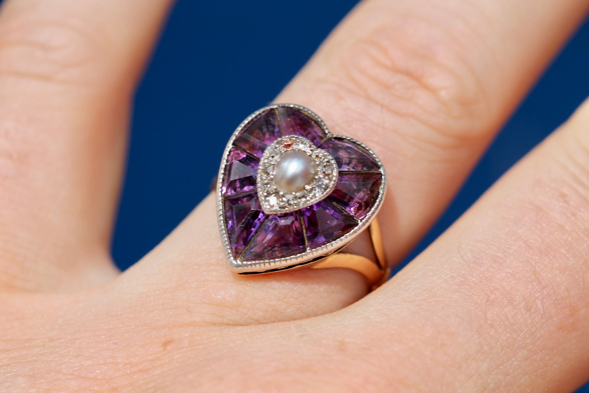 Antique 22ct Gold & Silver Amethyst Pearl Old Cut Diamond Heart Ring c.1900 — view 15