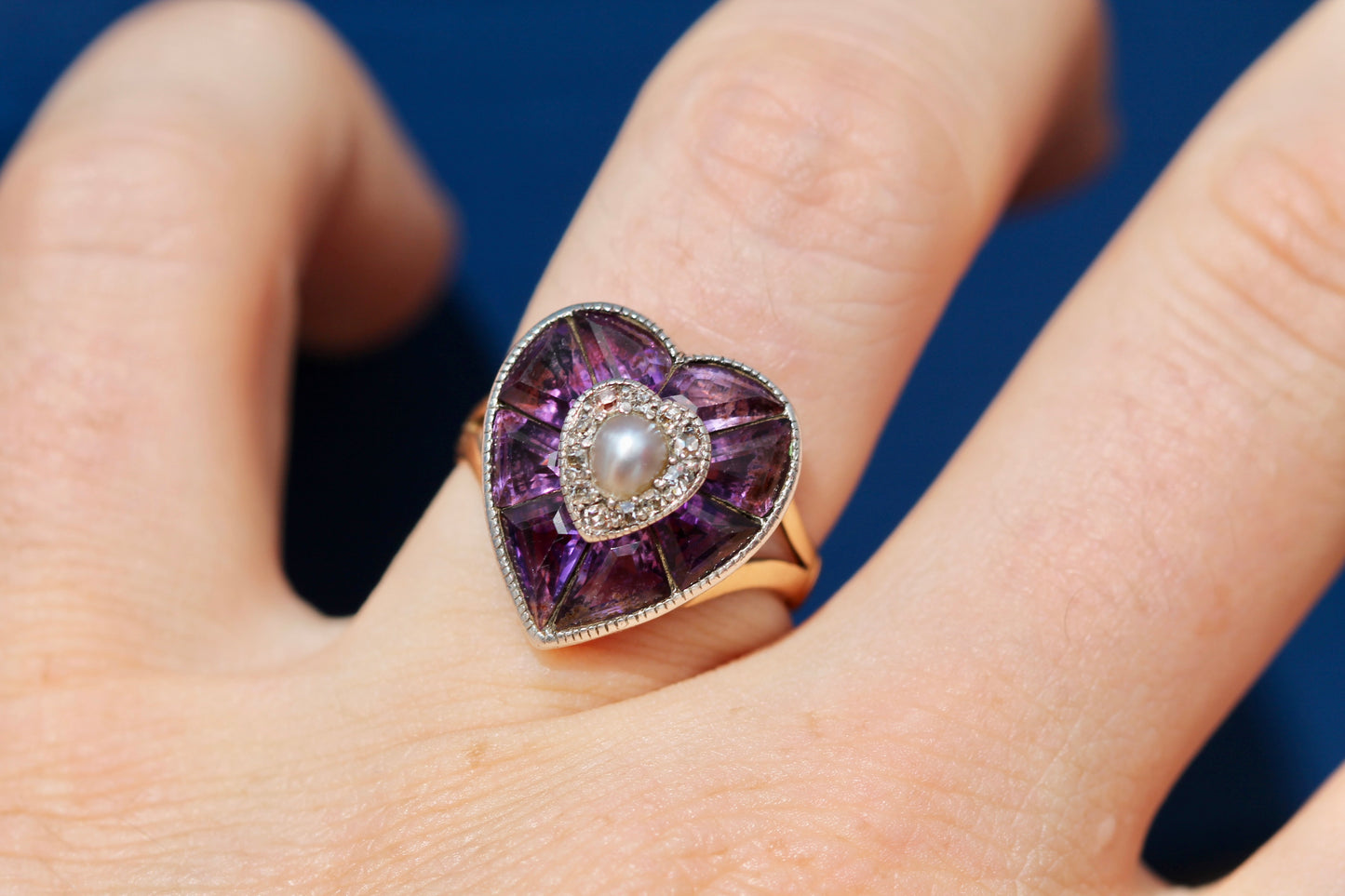 Antique 22ct Gold & Silver Amethyst Pearl Old Cut Diamond Heart Ring c.1900 — view 16