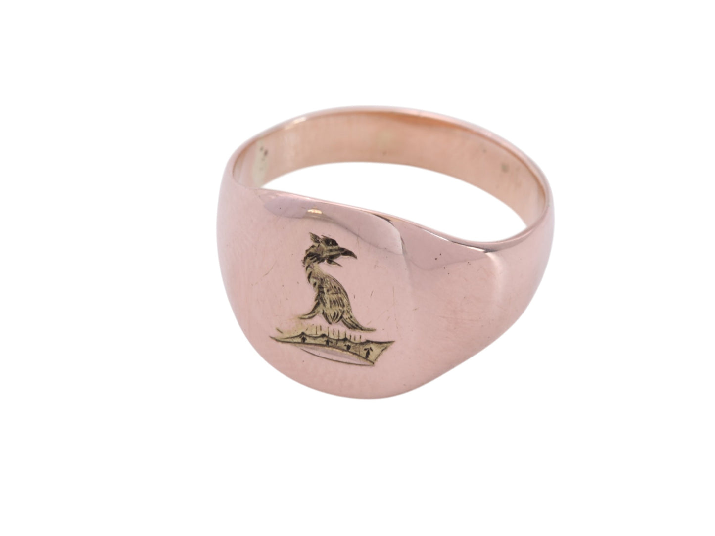 Antique 9ct rose gold signet ring engraved with a griffin intaglio