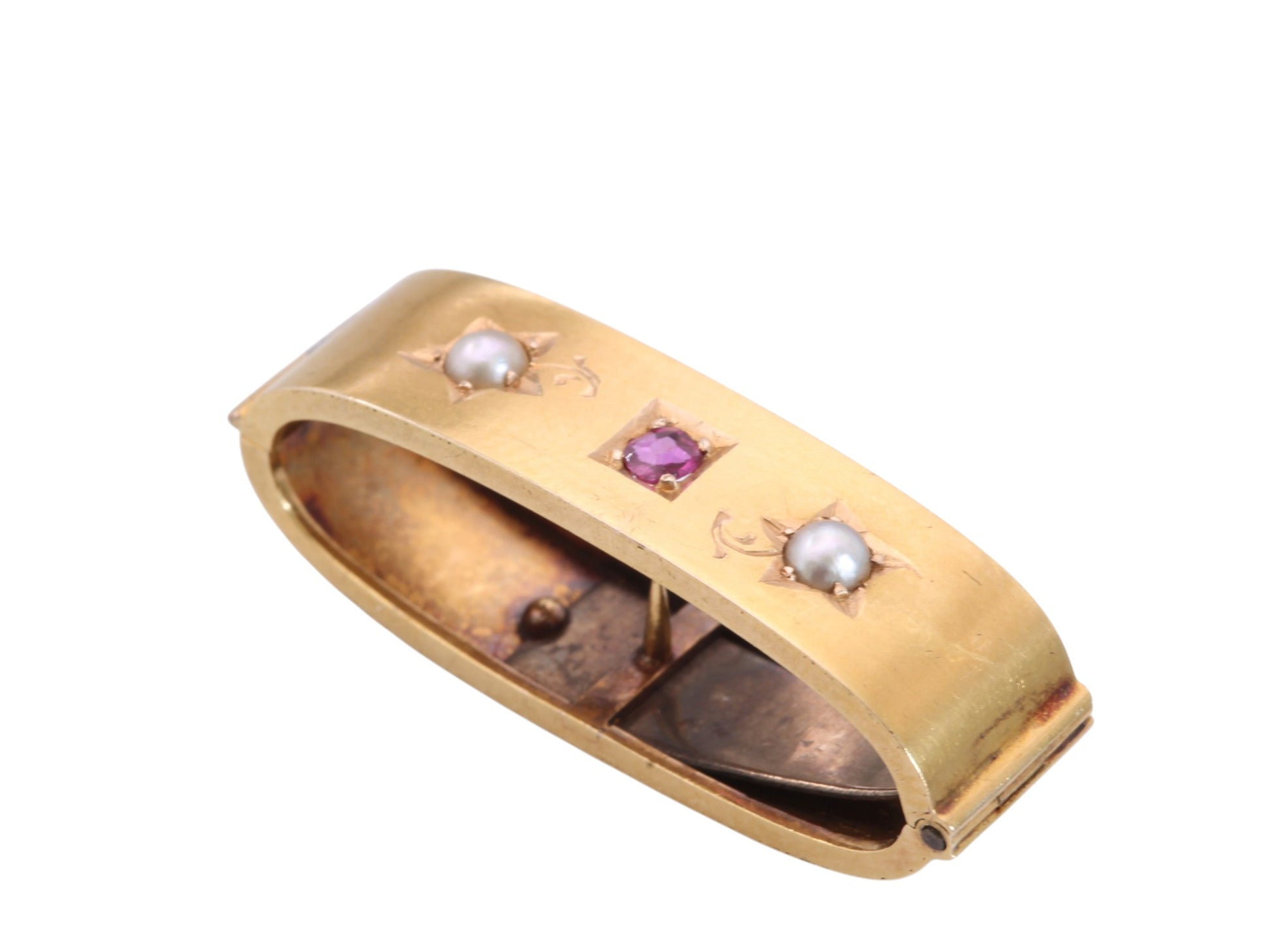 Antique Victorian 15ct Gold Ruby & Pearl Scarf Clip | Chester 1893 — view 4