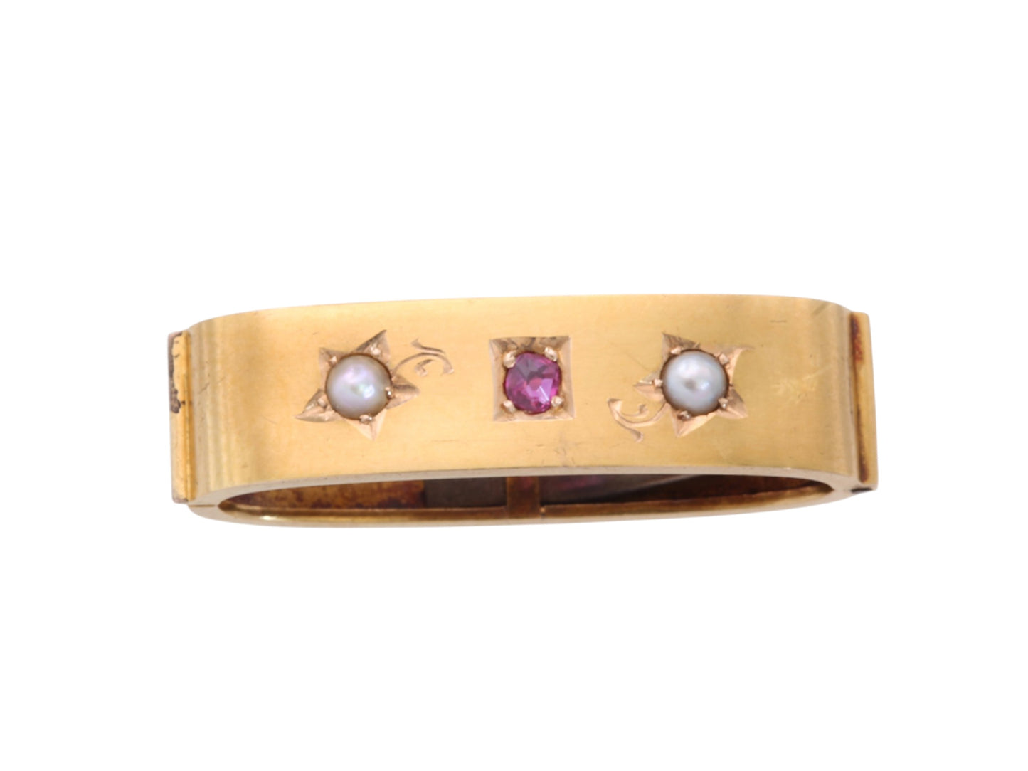 Antique Victorian 15ct gold scarf clip set with ruby and two seed pearls