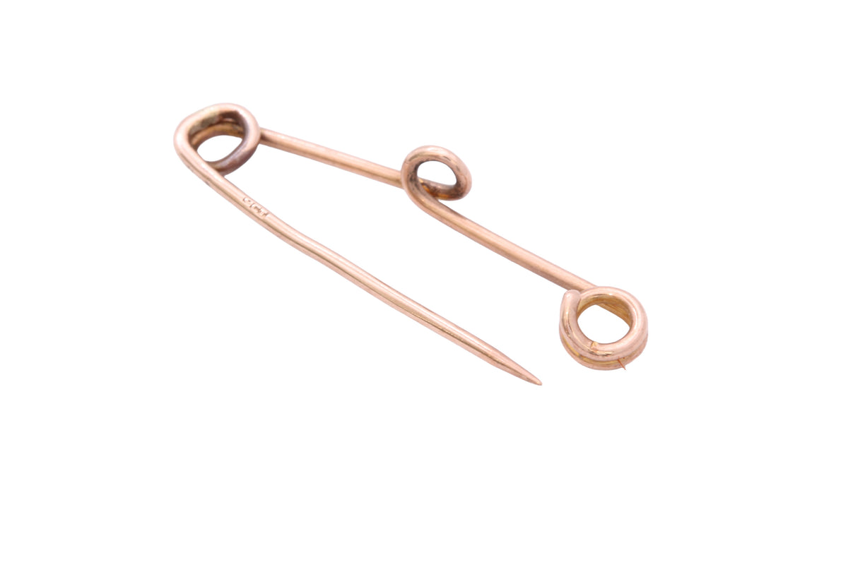 Antique 9ct rose gold safety pin brooch with central attachment loop