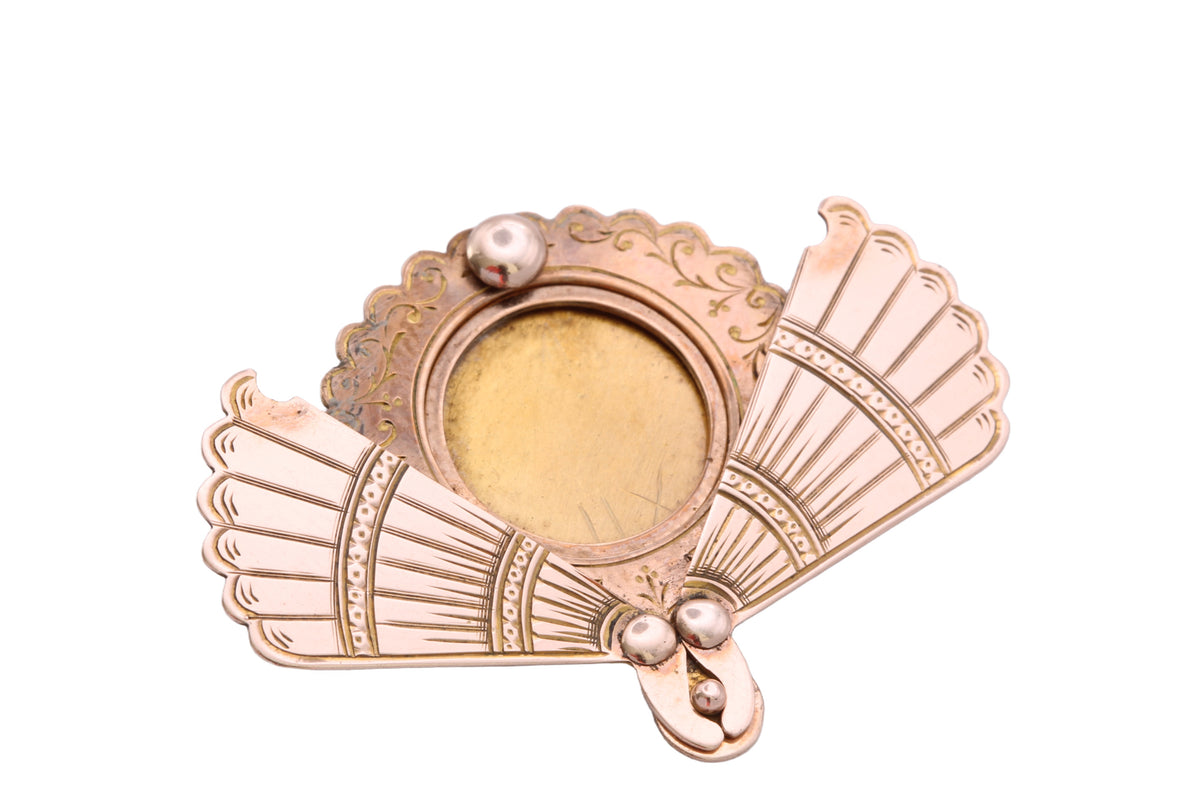 Antique Edwardian 9ct gold fan brooch with secret locket compartment