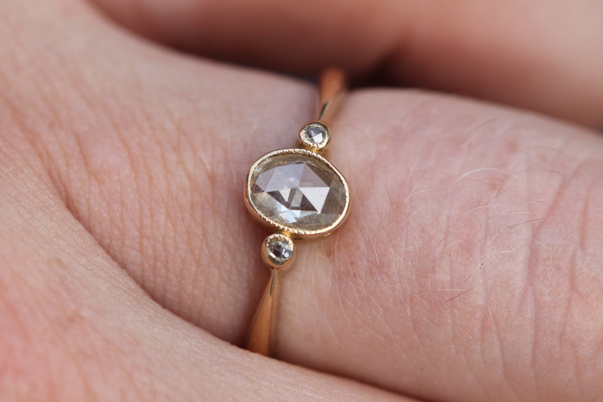 Antique Victorian 18ct Gold Rose Cut Diamond Three Stone Ring c.1860 | Size P — view 6