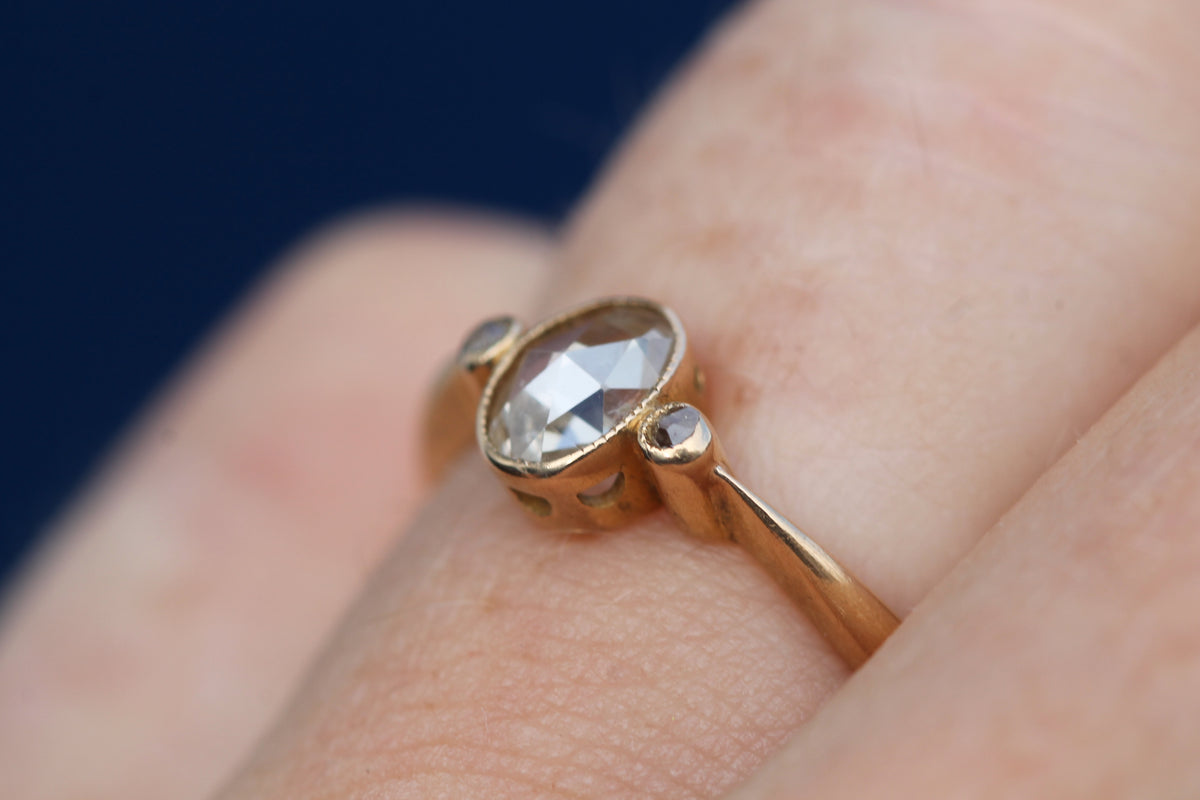 Antique Victorian 18ct Gold Rose Cut Diamond Three Stone Ring c.1860 | Size P — view 4