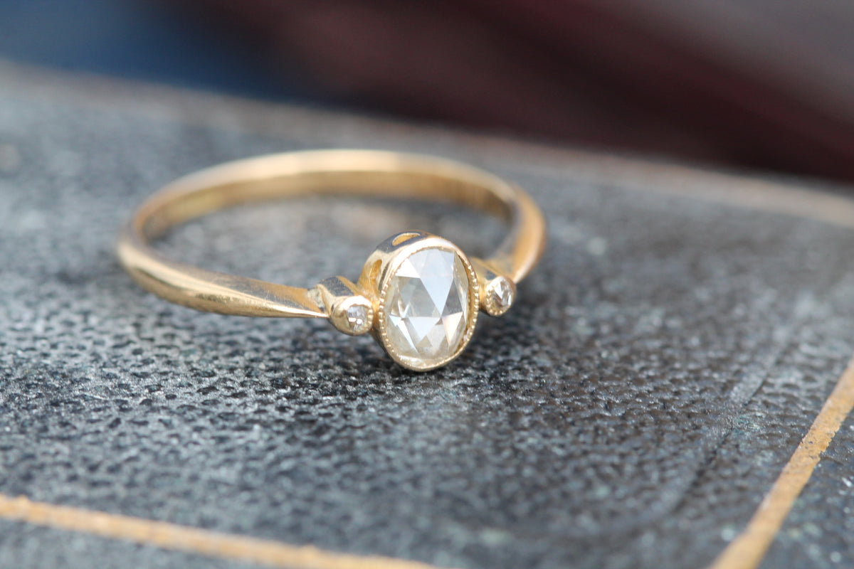 Antique Victorian 18ct Gold Rose Cut Diamond Three Stone Ring c.1860 | Size P — view 11