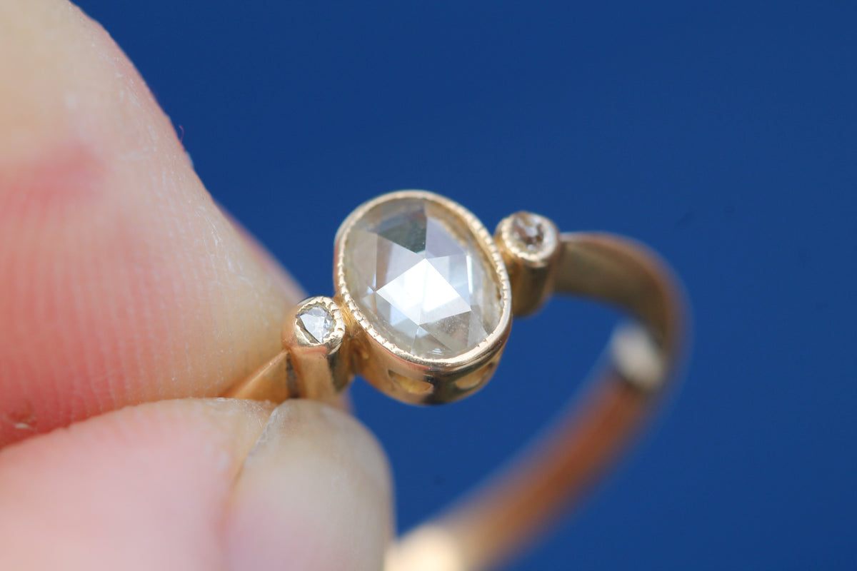 Antique Victorian 18ct Gold Rose Cut Diamond Three Stone Ring c.1860 | Size P — view 12