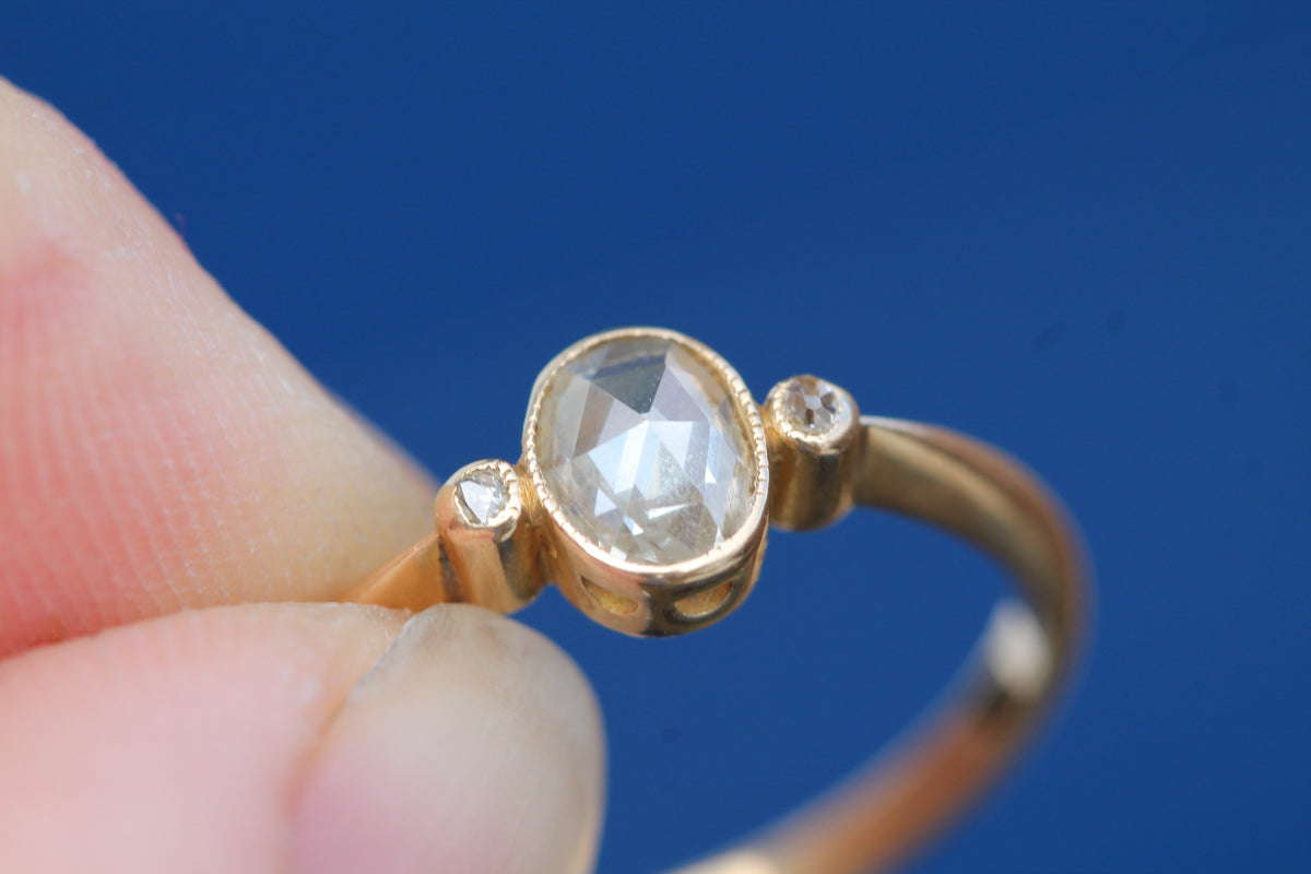 Antique Victorian 18ct Gold Rose Cut Diamond Three Stone Ring c.1860 | Size P — view 13