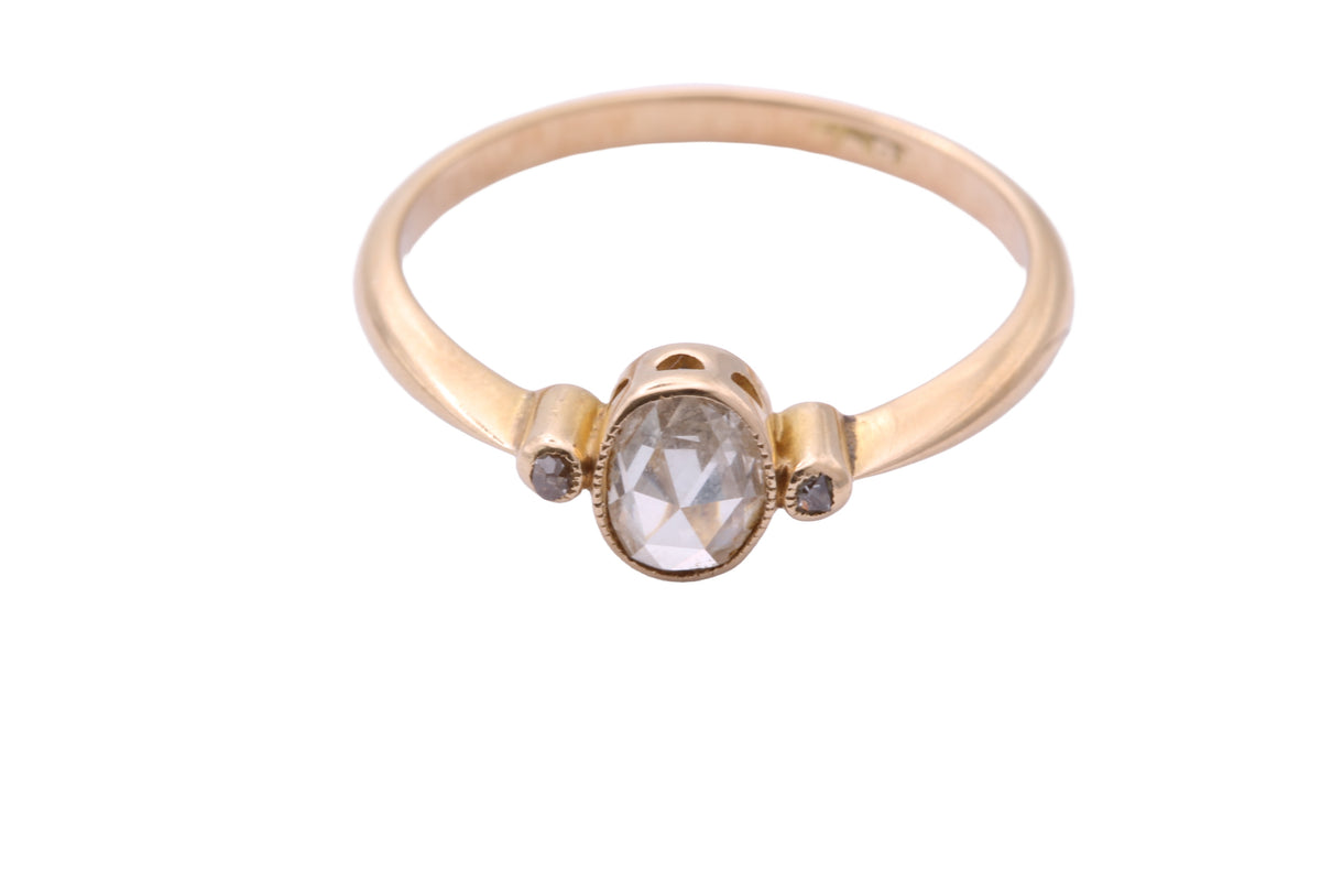 Front view of Victorian 18ct gold ring with oval rose cut diamond centre