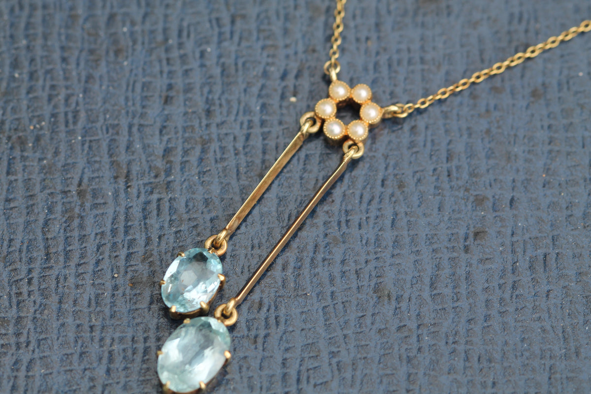 Antique Edwardian 15ct Gold Aquamarine & Pearl Négligée Necklace | 15.75" — view 6