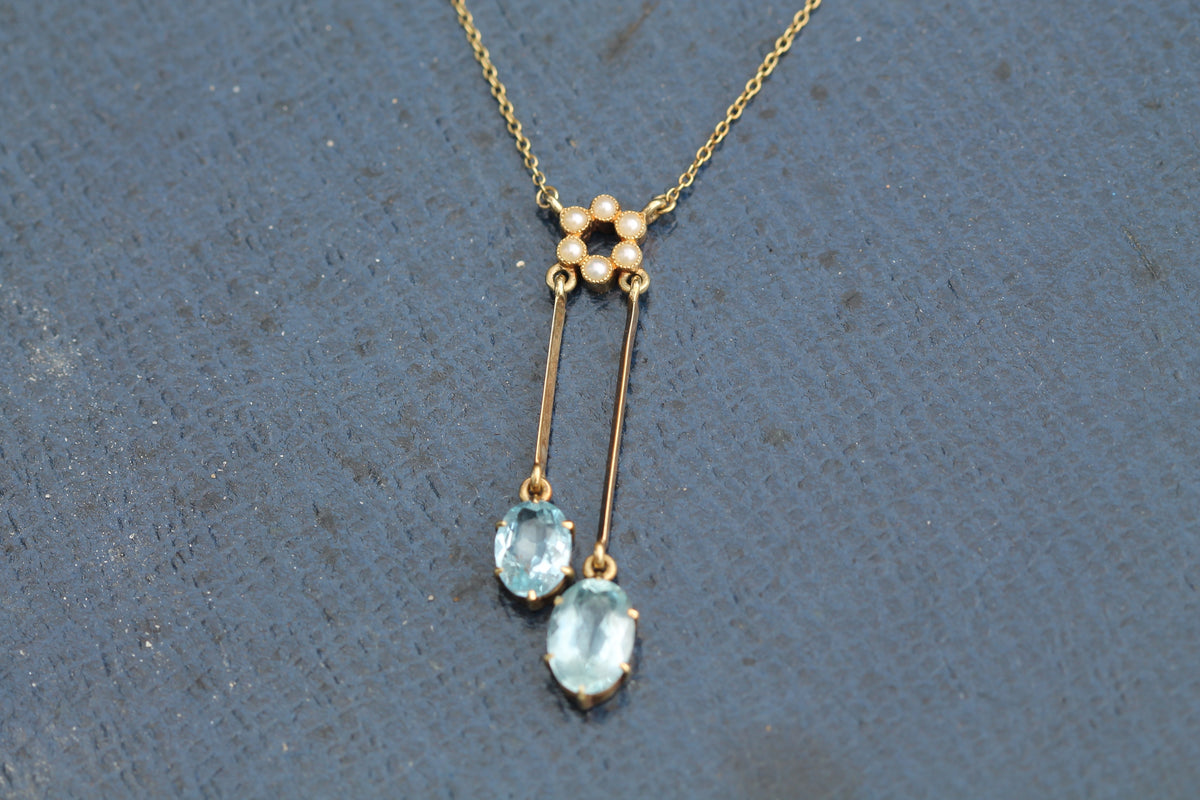 Antique Edwardian 15ct Gold Aquamarine & Pearl Négligée Necklace | 15.75" — view 7