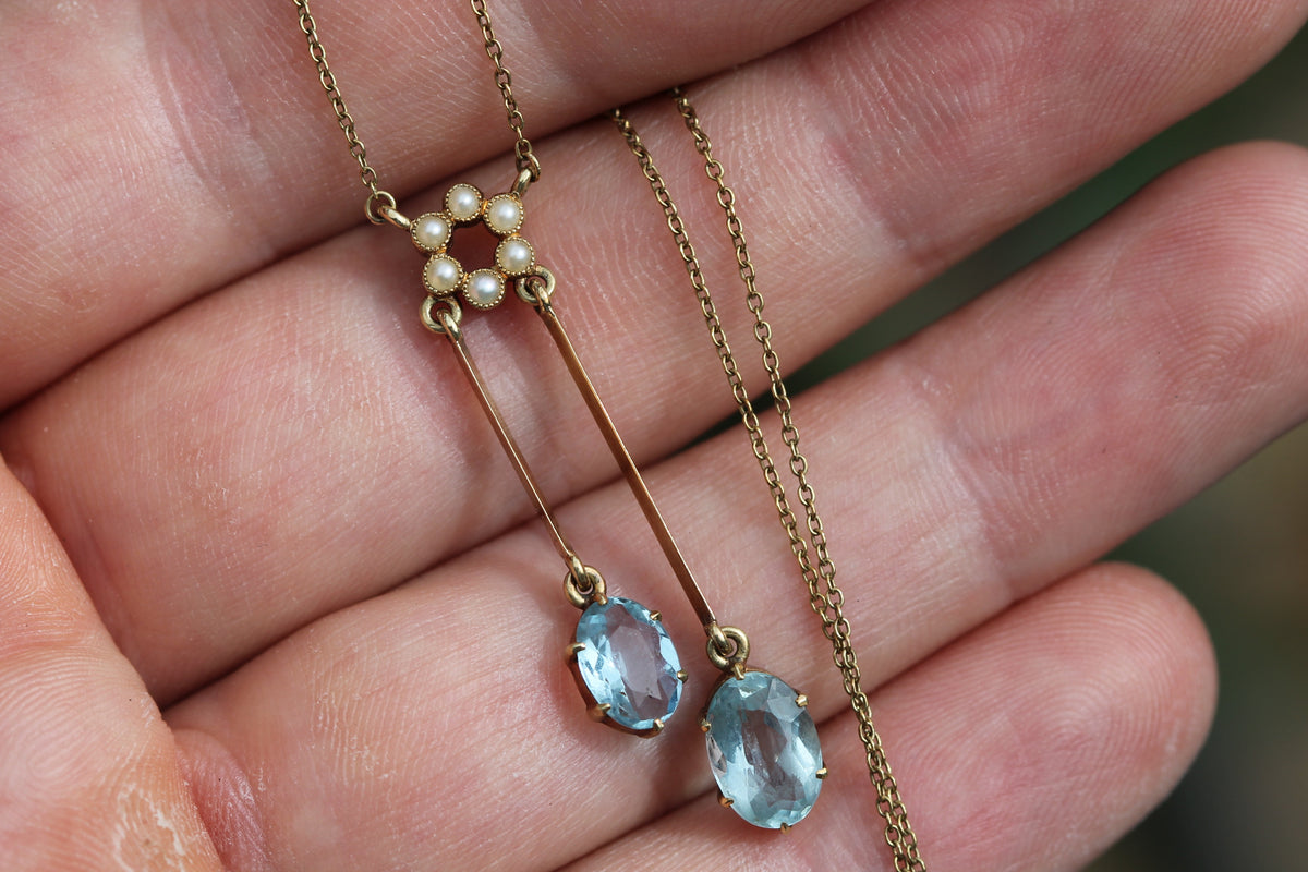 Antique Edwardian 15ct Gold Aquamarine & Pearl Négligée Necklace | 15.75" — view 8