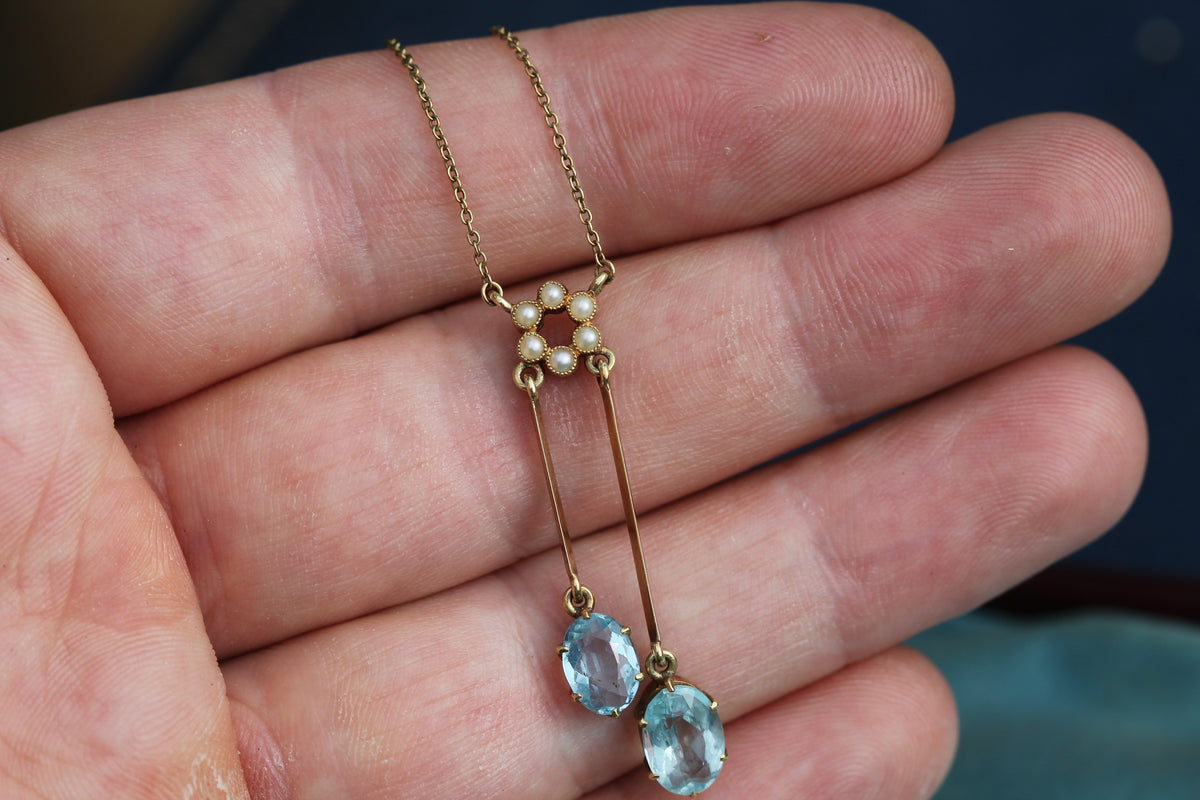 Antique Edwardian 15ct Gold Aquamarine & Pearl Négligée Necklace | 15.75" — view 9