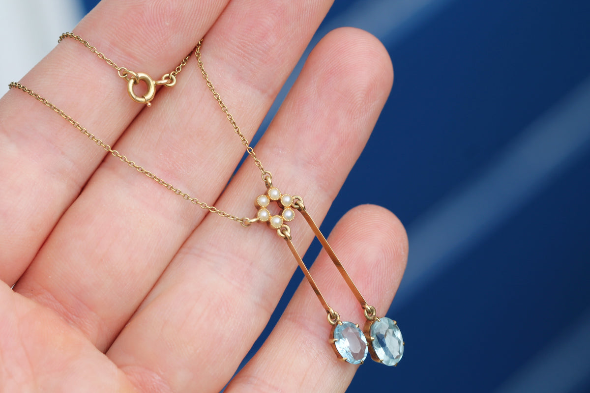 Antique Edwardian 15ct Gold Aquamarine & Pearl Négligée Necklace | 15.75" — view 12