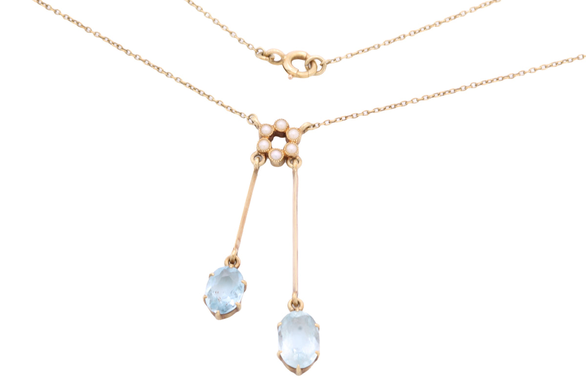Antique Edwardian 15ct Gold Aquamarine & Pearl Négligée Necklace | 15.75" — view 13