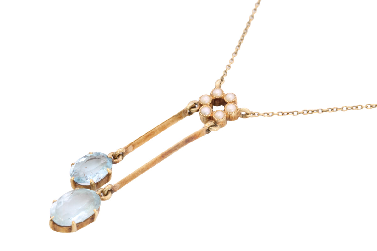 Antique Edwardian 15ct Gold Aquamarine & Pearl Négligée Necklace | 15.75" — view 15