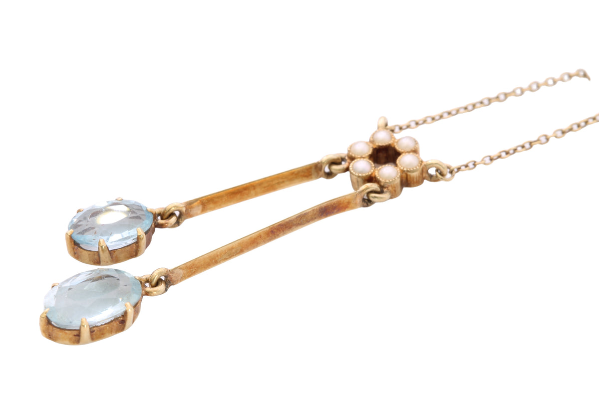 Antique Edwardian 15ct Gold Aquamarine & Pearl Négligée Necklace | 15.75" — view 4