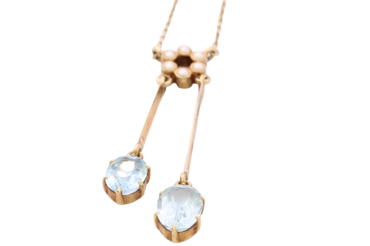 Antique Edwardian 15ct Gold Aquamarine & Pearl Négligée Necklace | 15.75" — view 16