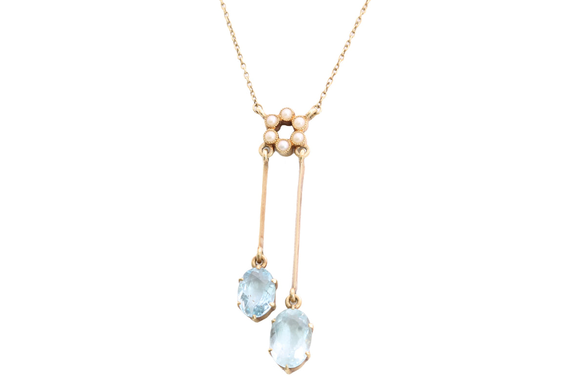 Antique Edwardian 15ct gold aquamarine and pearl négligée necklace