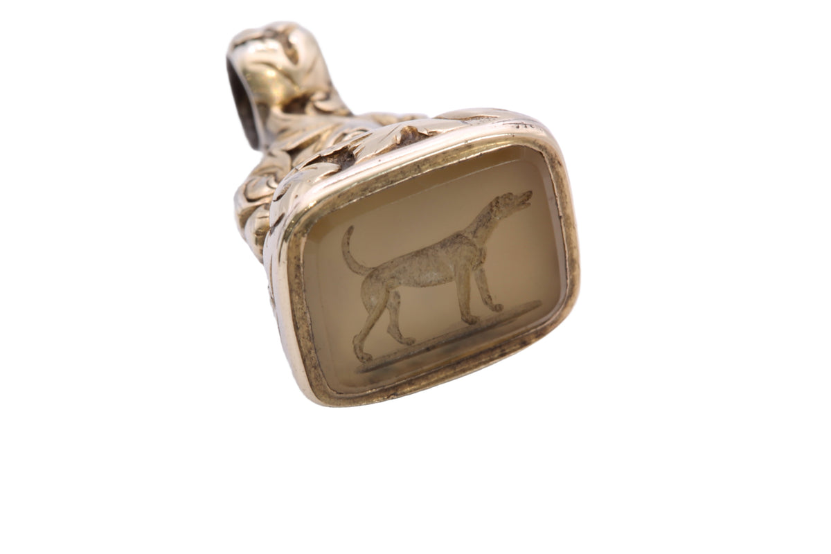 Antique Victorian 9ct Gold Cased Chalcedony Hound Intaglio Fob Seal c.1880 — view 8