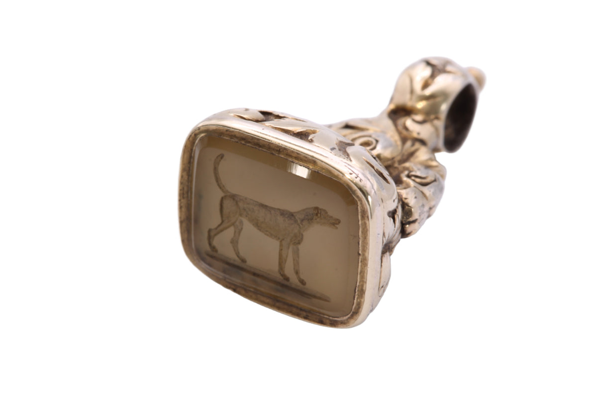 Antique Victorian 9ct Gold Cased Chalcedony Hound Intaglio Fob Seal c.1880 — view 9