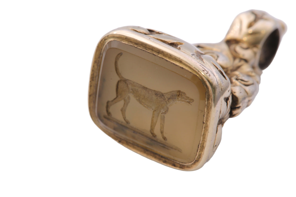 Antique Victorian 9ct Gold Cased Chalcedony Hound Intaglio Fob Seal c.1880 — view 15