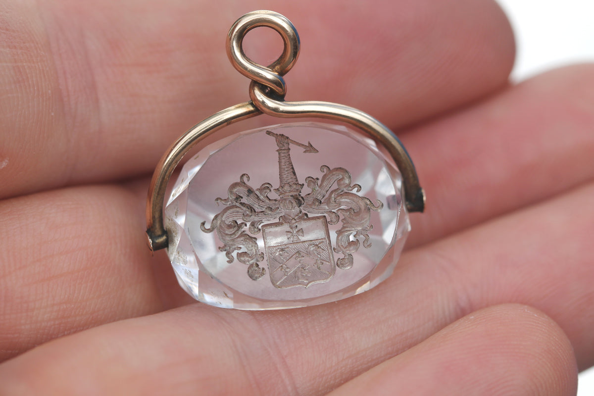Antique Victorian 9ct Gold Rock Crystal Intaglio Spinner Fob c.1880 — view 9