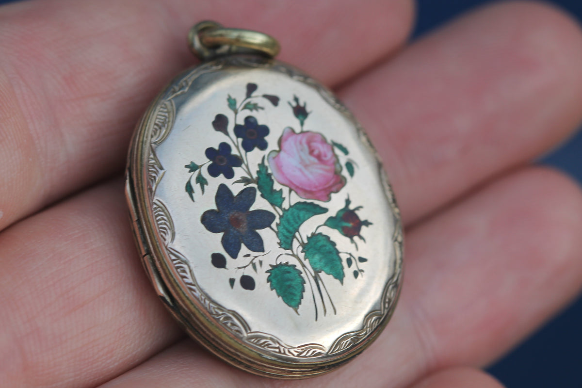 Antique Victorian 9ct Gold Back & Front Enamel Floral Locket c.1880 — view 7