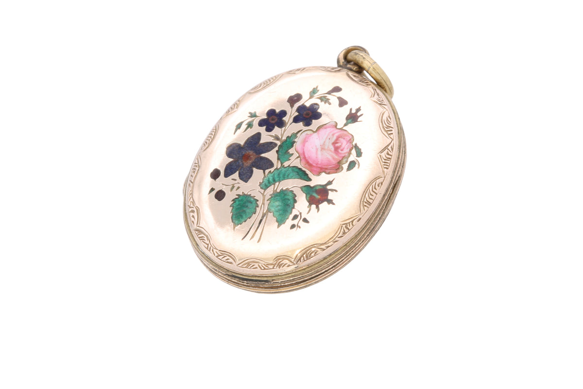 Antique Victorian 9ct Gold Back & Front Enamel Floral Locket c.1880 — view 10