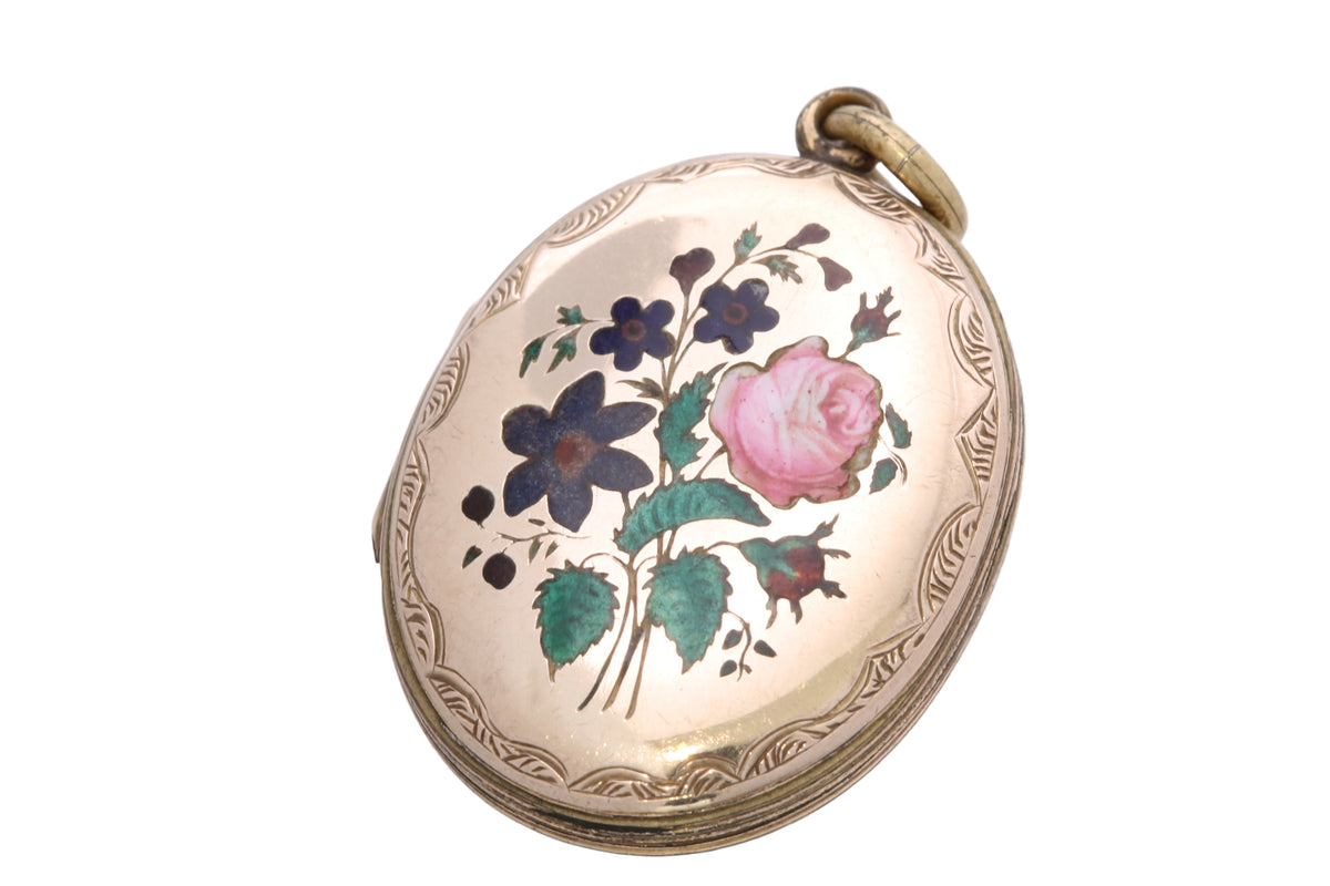 Antique Victorian 9ct Gold Back & Front Enamel Floral Locket c.1880 — view 11