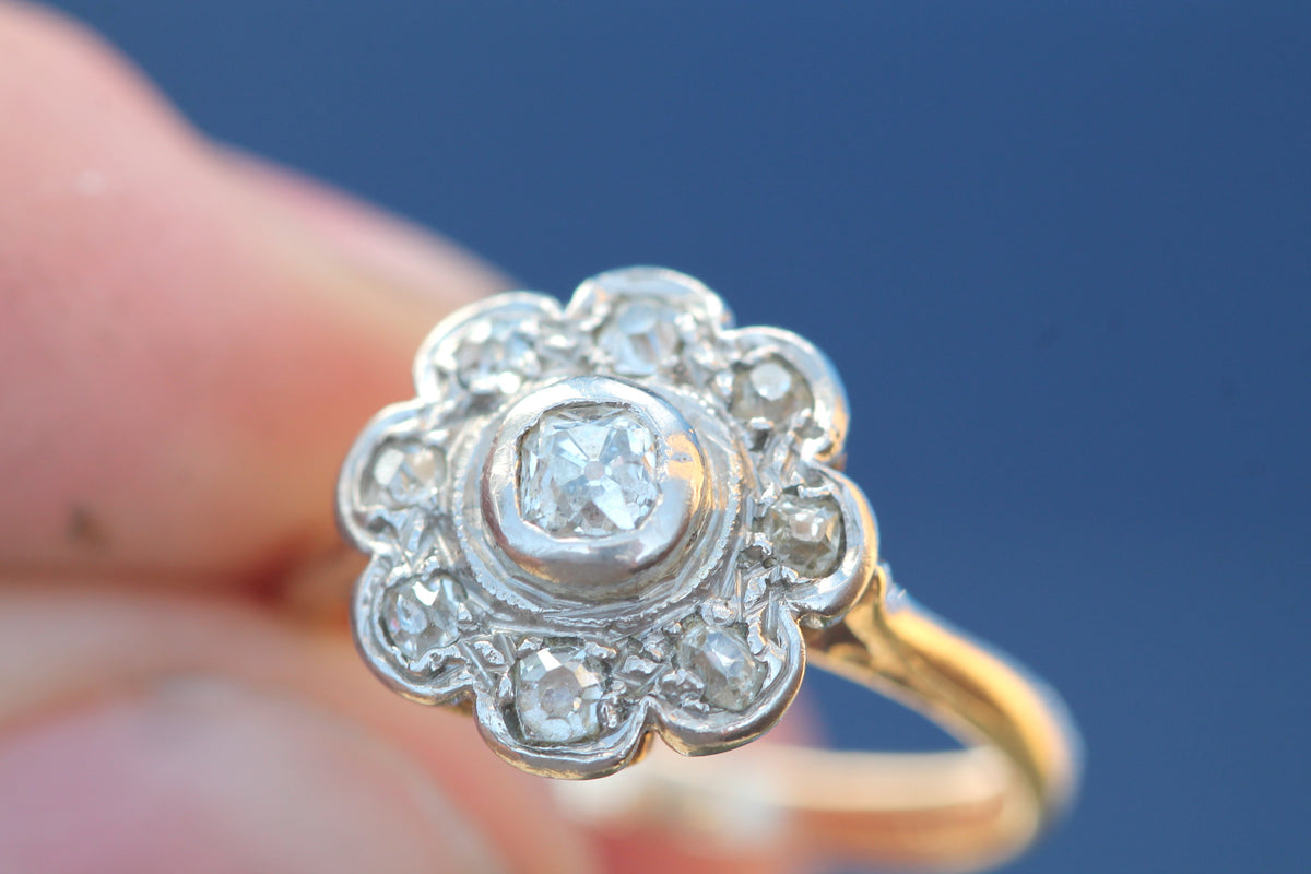 Antique Edwardian 18ct gold and platinum old mine diamond flower cluster ring