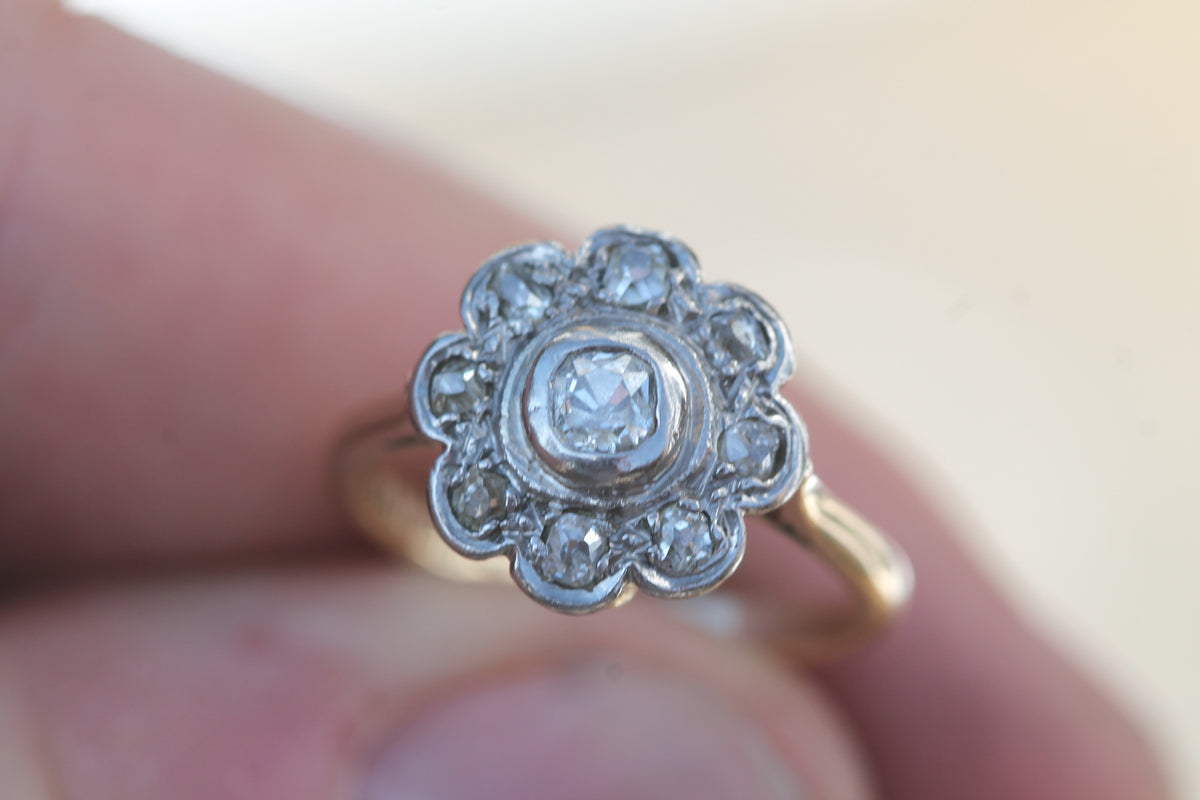 Antique Edwardian 18ct Gold & Platinum Old Mine Cut Diamond Flower Cluster Ring — view 8