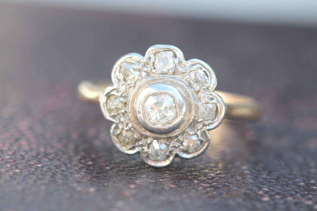 Antique Edwardian 18ct Gold & Platinum Old Mine Cut Diamond Flower Cluster Ring — view 9