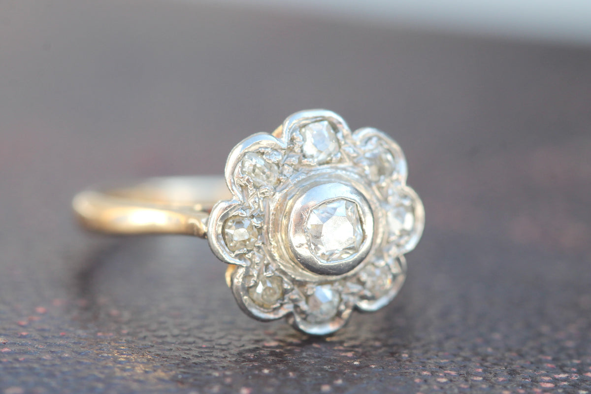Antique Edwardian 18ct Gold & Platinum Old Mine Cut Diamond Flower Cluster Ring — view 10