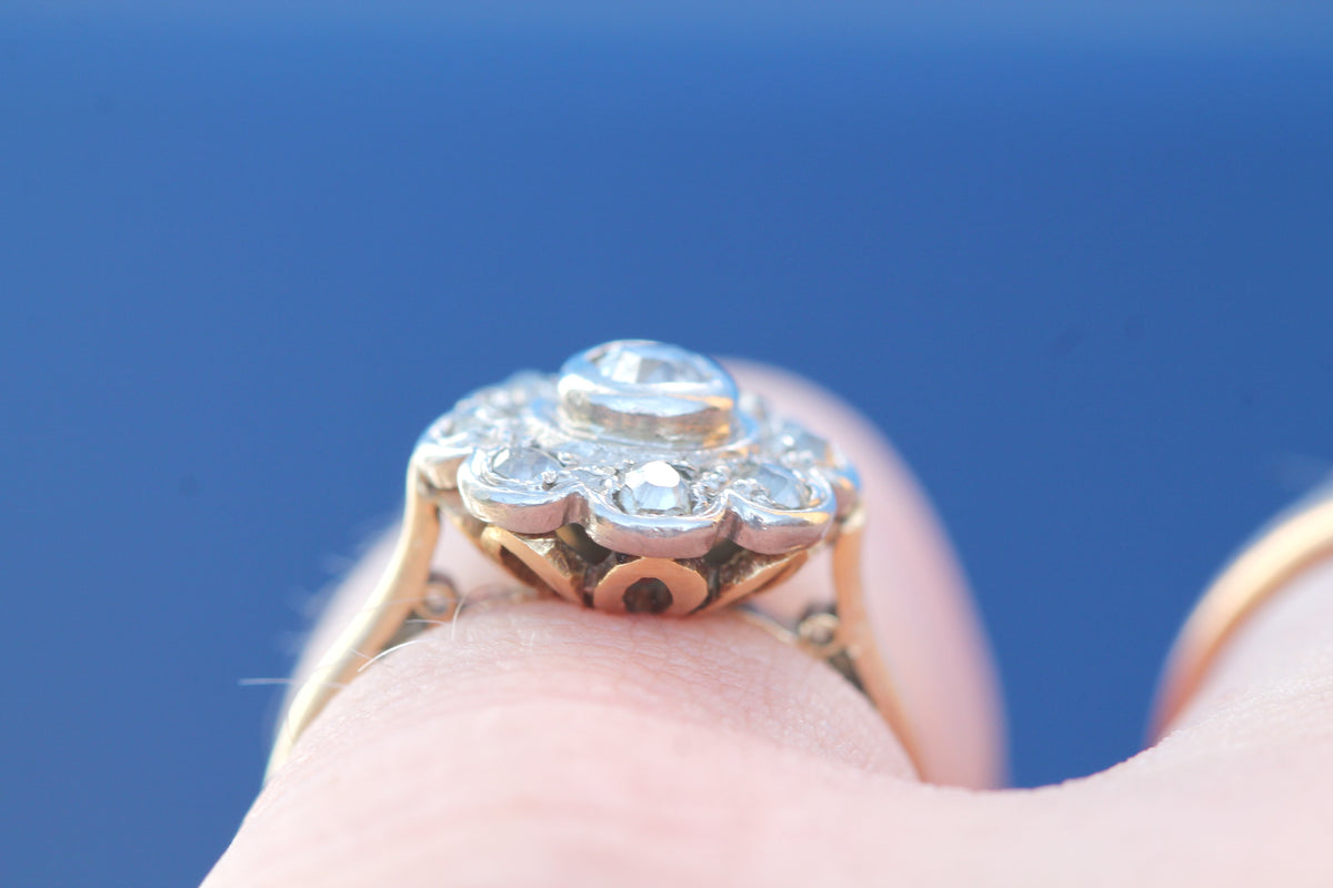 Antique Edwardian 18ct Gold & Platinum Old Mine Cut Diamond Flower Cluster Ring — view 12