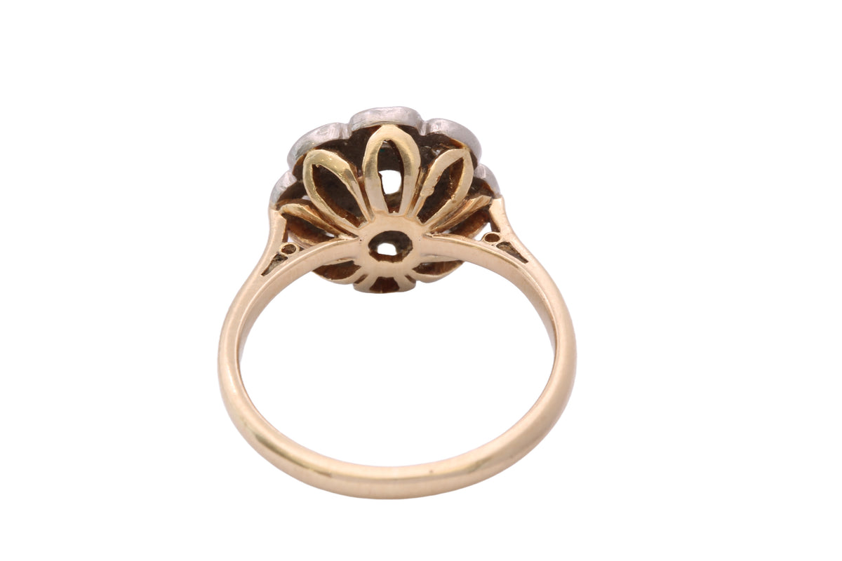 Antique Edwardian 18ct Gold & Platinum Old Mine Cut Diamond Flower Cluster Ring — view 7