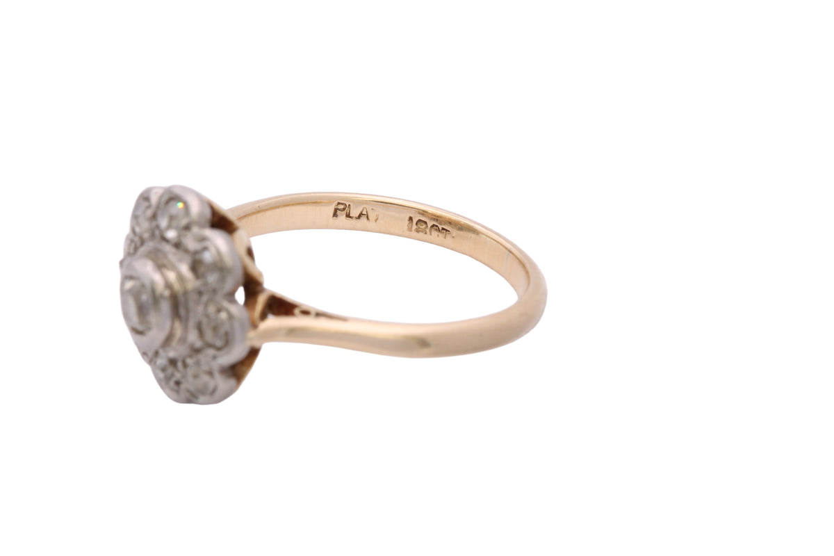Antique Edwardian 18ct Gold & Platinum Old Mine Cut Diamond Flower Cluster Ring — view 13