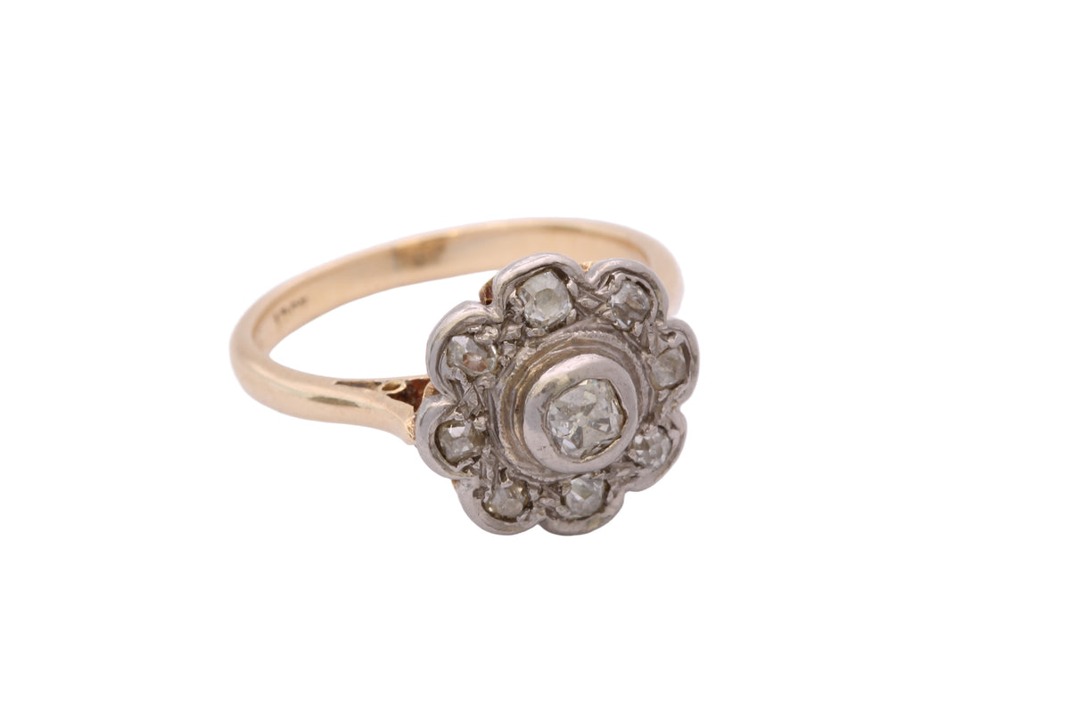 Antique Edwardian 18ct Gold & Platinum Old Mine Cut Diamond Flower Cluster Ring — view 14