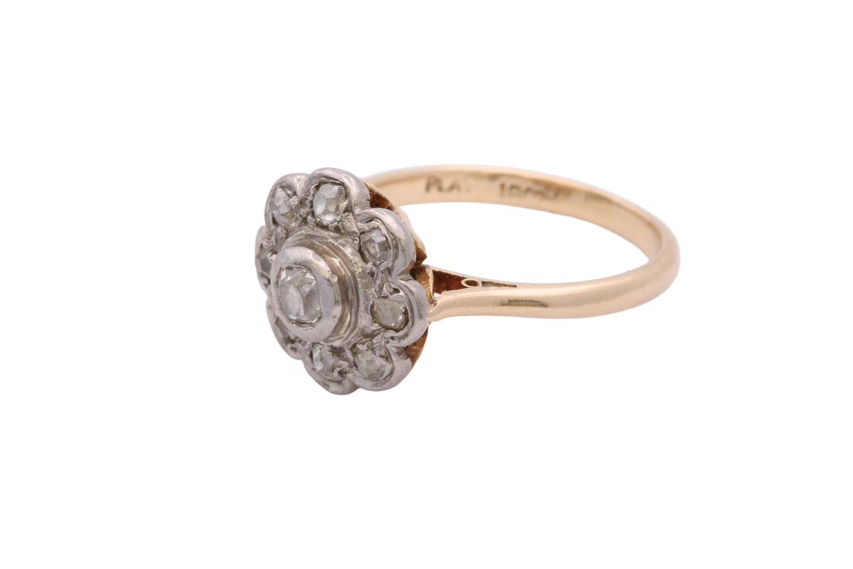 Antique Edwardian 18ct Gold & Platinum Old Mine Cut Diamond Flower Cluster Ring — view 15