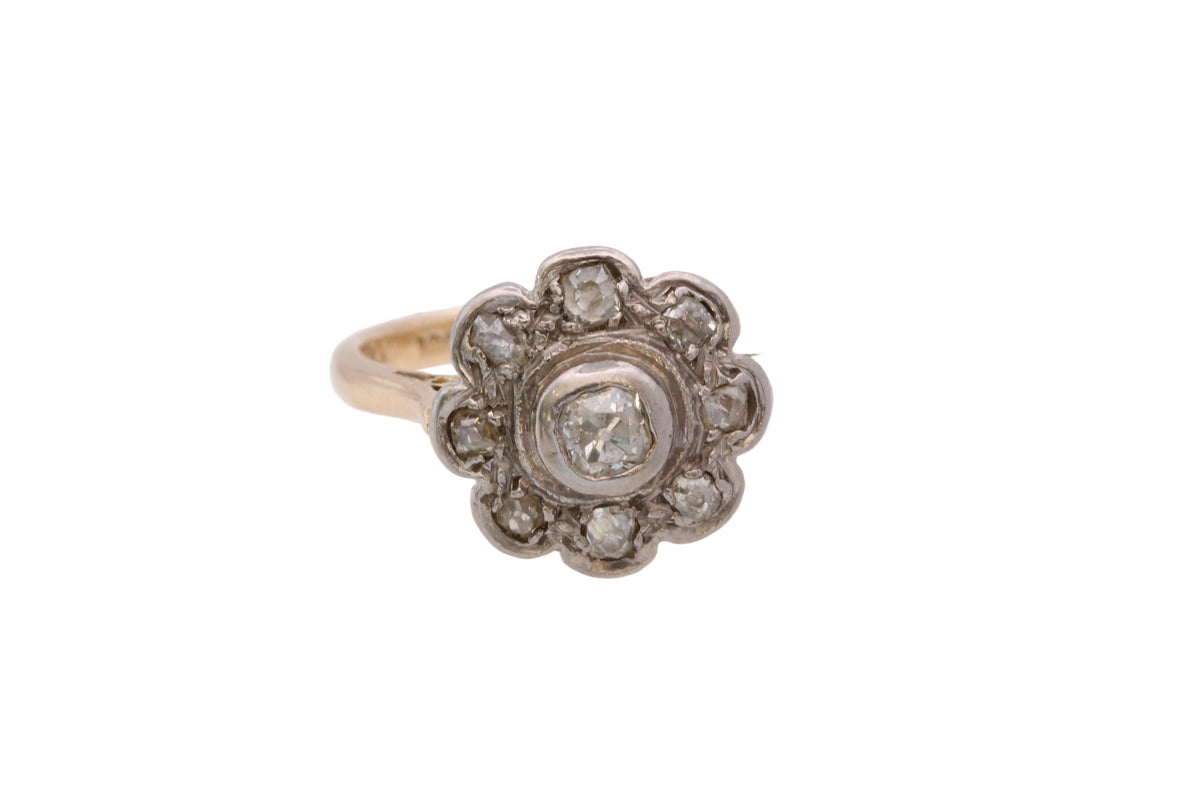 Antique Edwardian 18ct Gold & Platinum Old Mine Cut Diamond Flower Cluster Ring — view 5