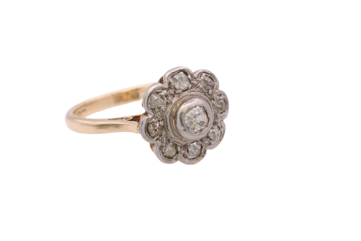 Antique Edwardian 18ct Gold & Platinum Old Mine Cut Diamond Flower Cluster Ring — view 6