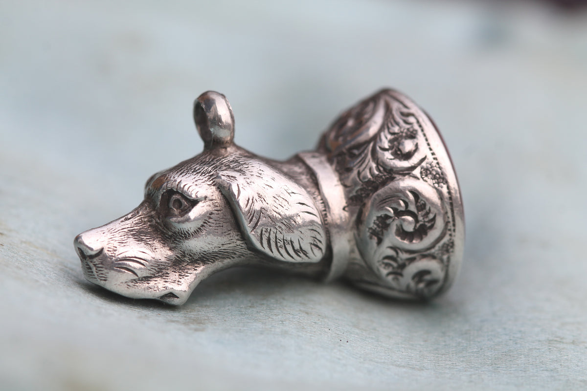 Antique Victorian Sterling Silver Dog Head Carnelian Pendant | 1896 — view 9