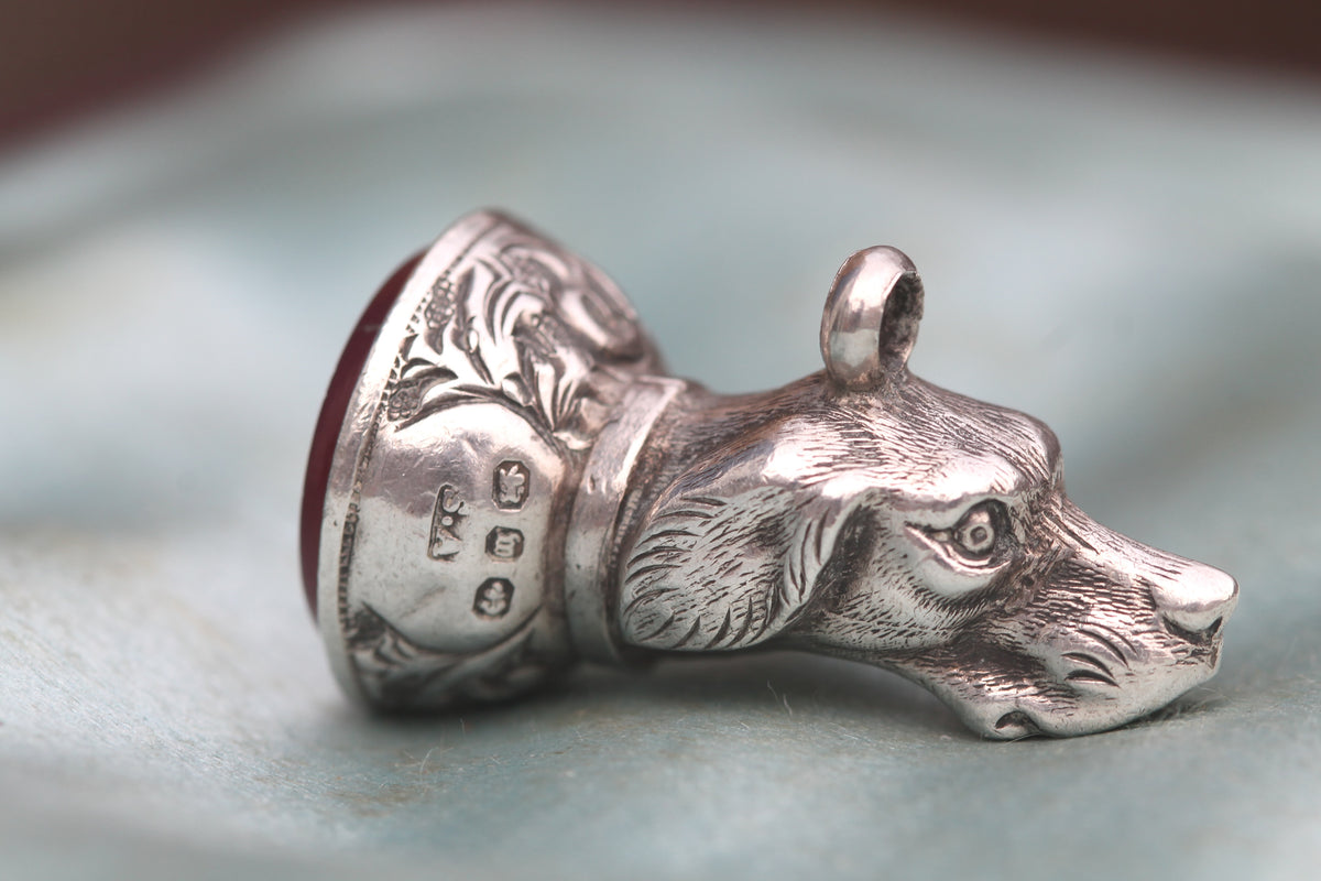 Antique Victorian Sterling Silver Dog Head Carnelian Pendant | 1896 — view 10