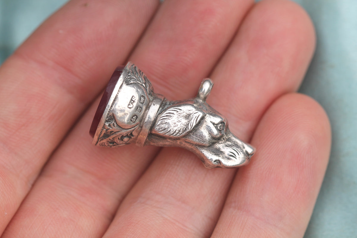 Antique Victorian Sterling Silver Dog Head Carnelian Pendant | 1896 — view 6