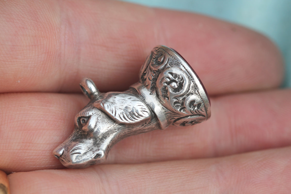 Antique Victorian Sterling Silver Dog Head Carnelian Pendant | 1896 — view 7