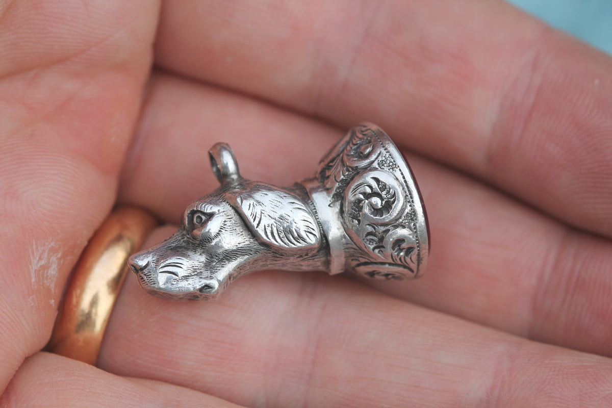 Antique Victorian Sterling Silver Dog Head Carnelian Pendant | 1896 — view 12